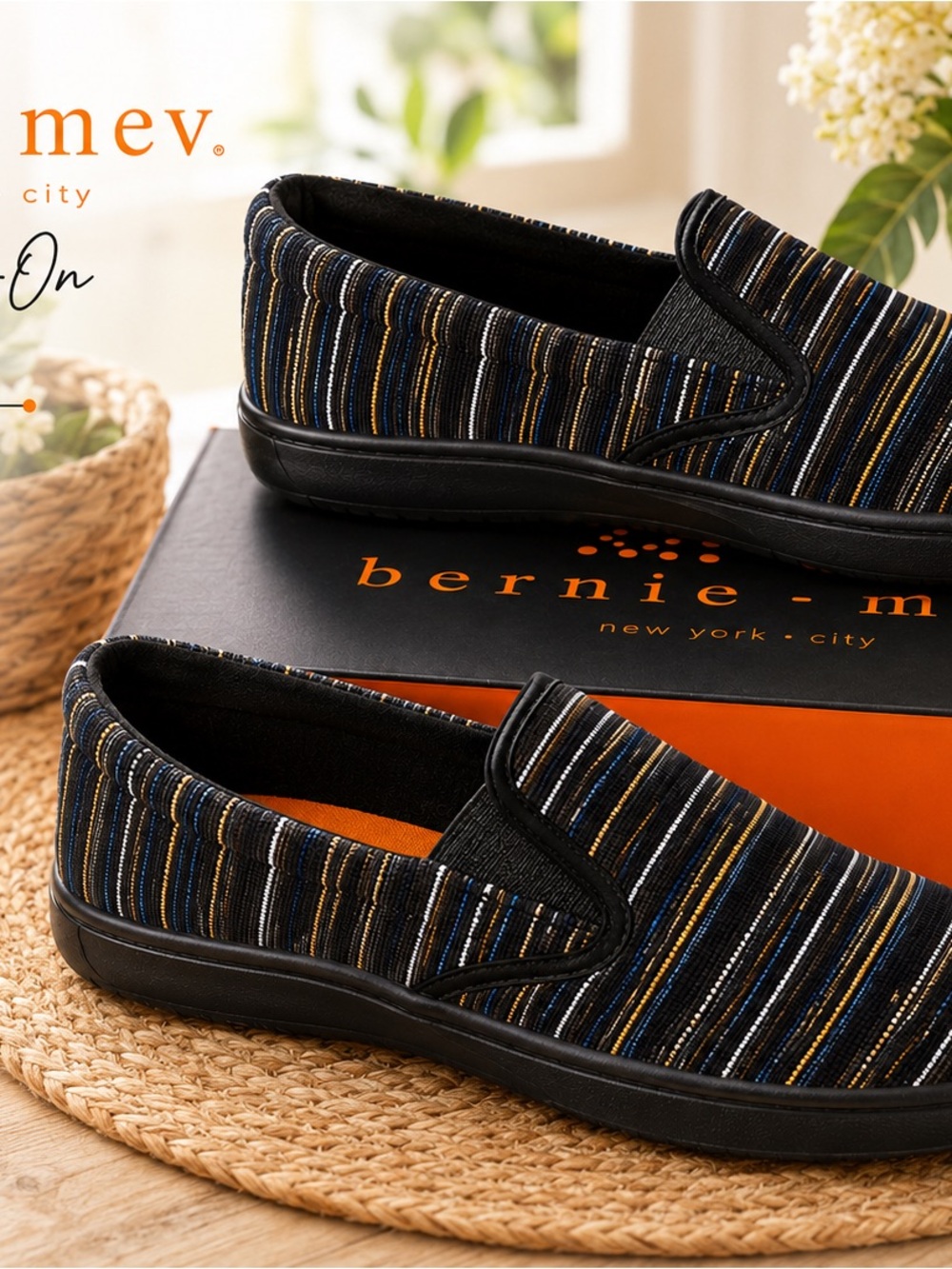 bernie mev. Black Slip-On Loafer with Blue & Gold Stripes